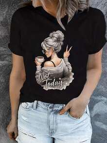 One Piece, A Classic And Versatile Pure Cotton Short-Sleeved T-Shirt, Ideal For Any Season. Features A Modern Print With Easter, Mother's Day, And June Motifs, For An Elegant Style. - 黑色 - 查看 1