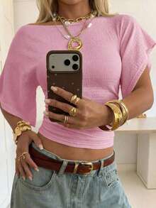 Camiseta corta de punto color albaricoque con mangas cortas estilo batwing para mujer de - Rosa Pálido - Ver 9