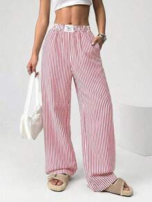 Pantalones casuales de pierna ancha de rayas marrones tejidos para mujeres - Rojo y blanco - Ver 4