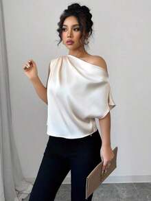 Blusa de mujer con hombro asimétrico con volantes de satén, elegante y casual para fiesta, ir al trabajo y uso diario, estilo francés de primavera/verano con un solo hombro descubierto - Albaricoque - Ver 3