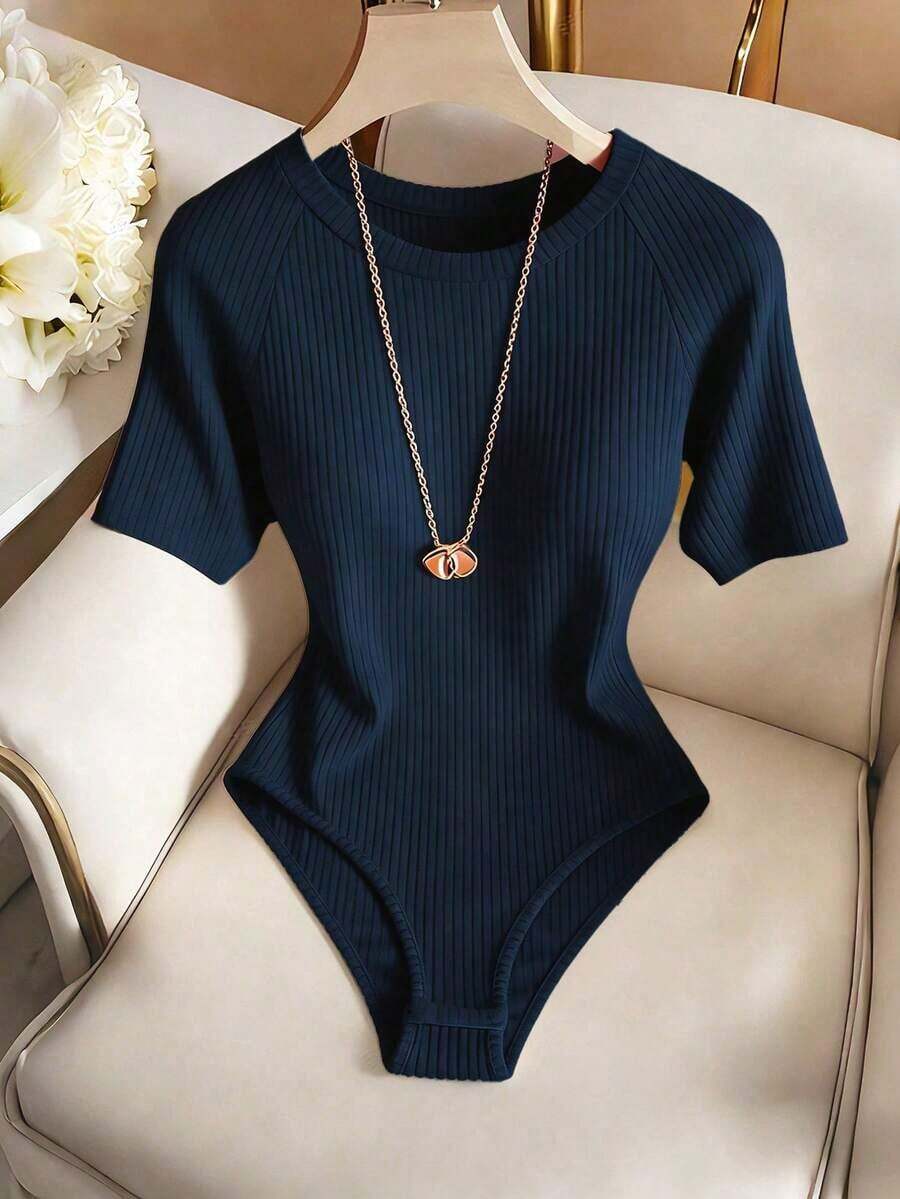 Body elegante y casual para mujer, body de manga corta y cuello redondo para uso diario - Azul marino - Ver 1