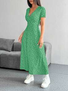 Vestido casual de verano con cuello en V, manga corta y estampado floral diminuto (corte aleatorio) para mujer - Multicolor 6 - Ver 3