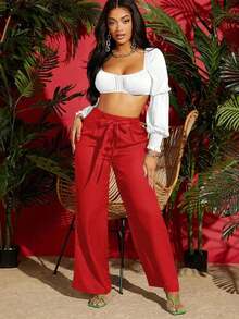 Pantalones negros anchos de verano con cintura de cordón sólido - Rojo violeta - Ver 3