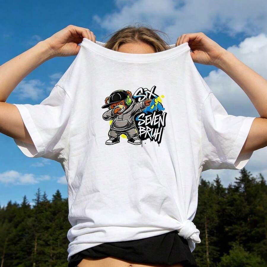 Women's Summer Clothing, Casual Soft Cotton T-Shirt With Round Neck, Hip-Hop Style Print With The Letters "Six Seven Bruh". White. - 白色 - 查看 1