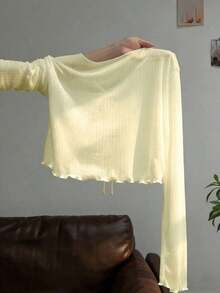 Vestido camisero con adorno de encaje, chaqueta de punto de manga larga para mujer, protección solar de verano - Amarillo - Ver 2