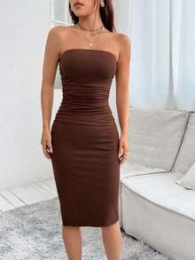Vestido Con Abertura Sin Tirantes - Camel - Ver 9