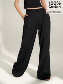 Tall Pantalones anchos de cintura alta plisados de estilo empresarial sexy y casual - Pantalones sueltos de unicolor elegante, ropa profesional de oficina, pantalones de trabajo con corte elegante para mujeres - Negro 2 - Ver 4