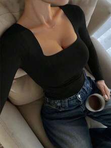 Elegante camiseta básica minimalista vintage casual de uso diario, reversible, de punto con cuello redondo y manga larga para mujer, color negro, para primavera - Negro - Ver 8