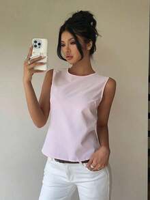 1 pieza Blusa elegante sin mangas de unicolor con espalda descubierta y lazo - Rosa Pálido - Ver 1