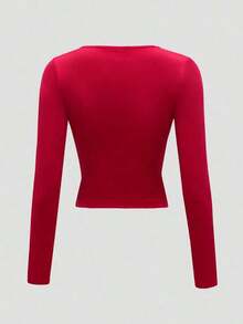 Camiseta casual ajustada de mujer con cuello en V, manga corta y corta - Rojo - Ver 2