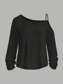 Camiseta de manga larga con hombros caídos, suelta y casual, para primavera y otoño - Negro 4 - Ver 5