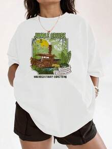 Jungle Adventure Graphic With An Old Boat Among Tropical Leaves Symbolizing Exploration, Freedom And Connection With Nature; Comfortable And Breathable Women's T-Shirt Ideal For Everyday Wear - 白色 - 查看 1