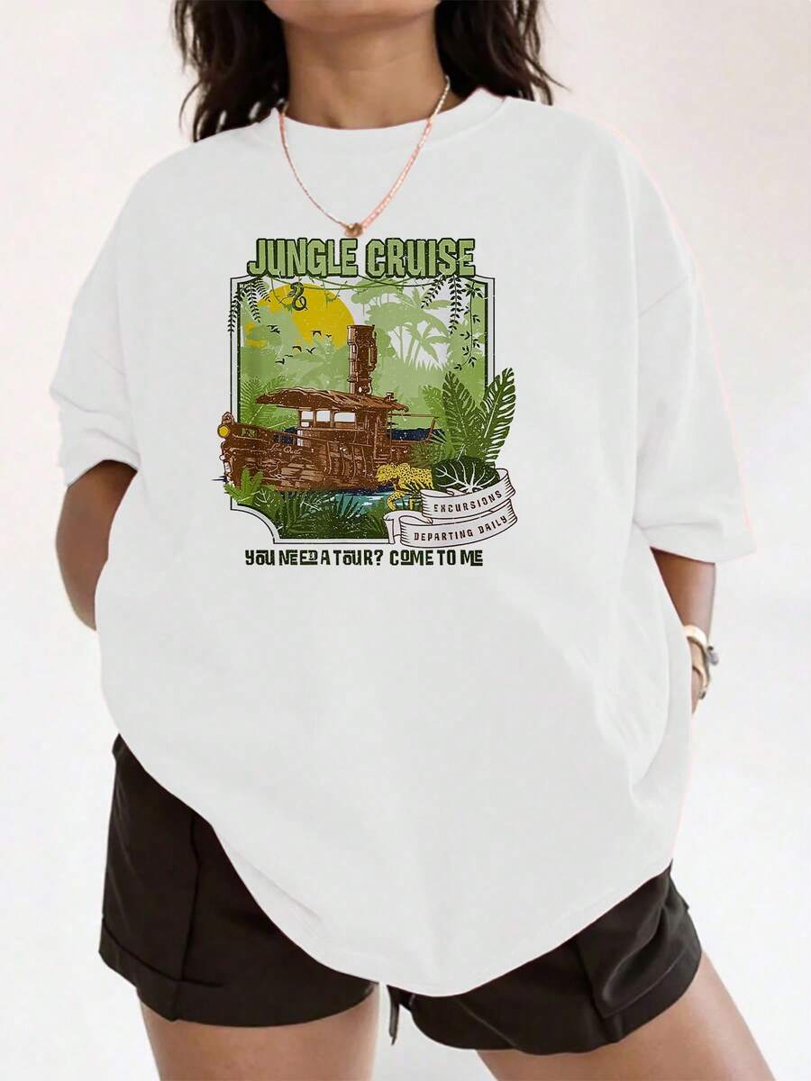 Jungle Adventure Graphic With An Old Boat Among Tropical Leaves Symbolizing Exploration, Freedom And Connection With Nature; Comfortable And Breathable Women's T-Shirt Ideal For Everyday Wear - 白色 - 查看 1