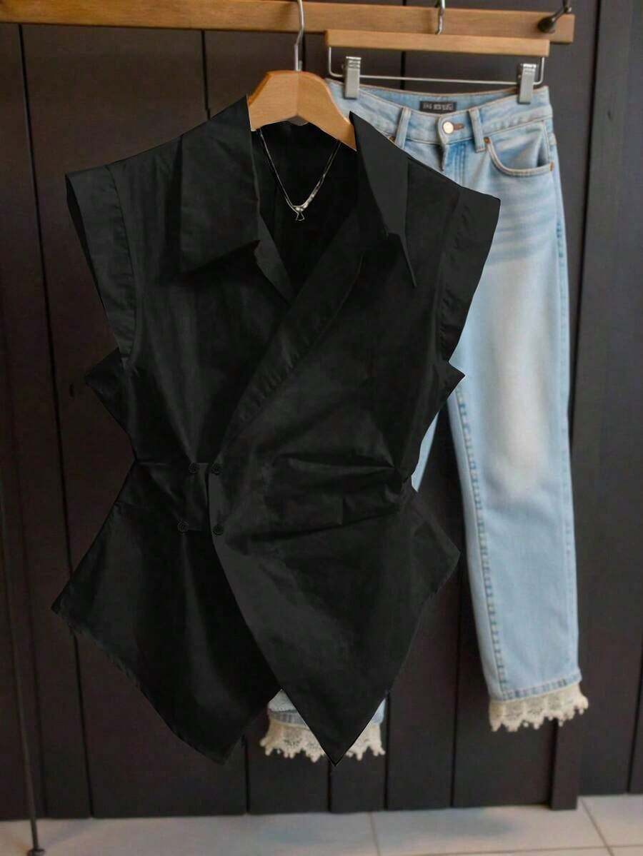 Blusa casual sin mangas con estampado de rayas para mujer, verano - Negro - Ver 1