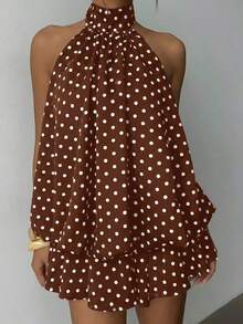 Vestido mini elegante de mujer con estampado de lunares y escote halter sin espalda - Marrón - Ver 3