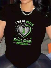 1 Short-Sleeved T-Shirt, Promoting Mental Health | Durable And Comfortable, Suitable For Home, Office, Or Outdoor Use, With A Green Heart Design, It's The Perfect Gift For Those Who Support Mental Health. 180g 100% Cotton - 黑色 - 查看 7