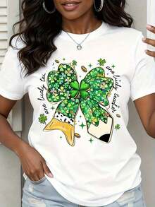 1 Piece Women's T-Shirt For St. Patrick's Day, Bow And Pencil Design With Green Shamrock, White, Casual, 180g 100% Cotton - 白色 - 查看 8