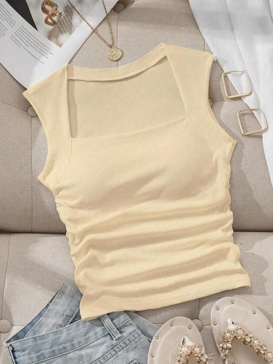 Camiseta sin tirantes con cuello cuadrado, cintura fruncida y sujetador acolchado sin aros - Albaricoque - Ver 1