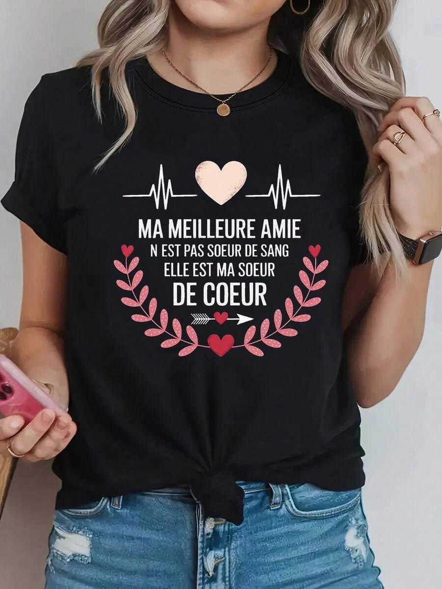One Piece, Classic And Versatile, Pure Cotton Short-Sleeved T-Shirt With A Creative Design Themed Around Friendship, Feminine Affection And Romantic Style, Ideal For Wearing In Any Season - Black - View 1