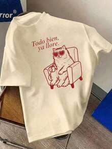 1 pieza de camiseta de manga corta de moda casual para hombres y mujeres, con cuello redondo y estampado de gato "Todo está bien, lloremos" para mujeres de talla grande, adecuada para uso diario casual, para primavera/verano/otoño, versátil, fácil de combinar, para uso diario, estilo urbano, ropa de vacaciones, ropa de fin de semana. - Albaricoque - Ver 2