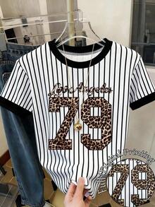 Camiseta de mujer casual de cuello redondo y manga corta con estampado de lazo - Multicolor 8 - Ver 6