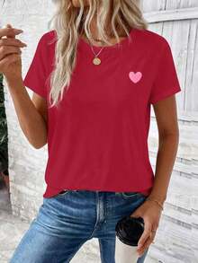 Women's Casual Short-Sleeved T-Shirt With Round Neck And Heart Print, New Spring-Summer Collection. Very Popular New Arrival. - 胭脂 - 查看 3