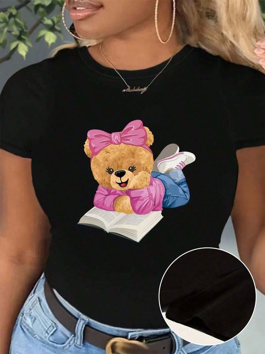 100% cotton Camiseta casual de cuello redondo para mujer con estampado de oso, manga corta, algodón, ajuste regular, top de moda primavera/verano, para todas las estaciones, tejido de punto. - Negro - Ver 1