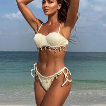Nuevo bikini sexy de dos piezas con copa dura y diseño de pétalos en color sólido. - rosa - Ver 3