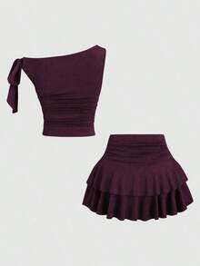 Conjunto de top de tirantes y minifalda plisada y con decoración de flores metálicas para mujer, ideal para el verano - Rojo violeta - Ver 2
