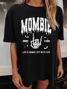 Mombie Women's Oversized T-Shirt With Skull Print - Casual Knit Fabric, Round Neck Design, Comfortable For All Seasons, Holiday Top, One Piece, Weight 200g - 黑色 - 查看 5
