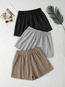 3 piezas Pantalones cortos deportivos casuales de cintura elástica y cordón de unicolor - Gris Claro - Ver 2