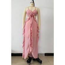 New Women's Summer Maxi Dress, Chiffon With Ruffles And Exclusive Combination, Ideal For Holidays - 粉色 - 查看 6