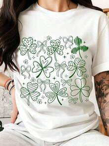 St. Patrick's Day T-Shirt With Green Four-Leaf Clover And Bow Design For Women And Men, To Celebrate The Irish Festival, Graphic Tee With Lucky Charm. - 白色 - 查看 6