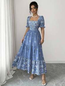 Vestido de línea A con cintura ceñida, cuello cuadrado y estampado, elegante para vacaciones, uso diario, de manga corta - Azul lavado medio - Ver 6