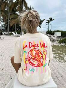 Camiseta Gráfica a Rayas con Estampado de Langosta y Limón de La Dolce Vita, Camiseta de Manga Corta con Cuello Redondo, Corte Holgado y Casual para Mujer, Ideal para Vacaciones de Verano en la Playa - Estilo - Ver 1