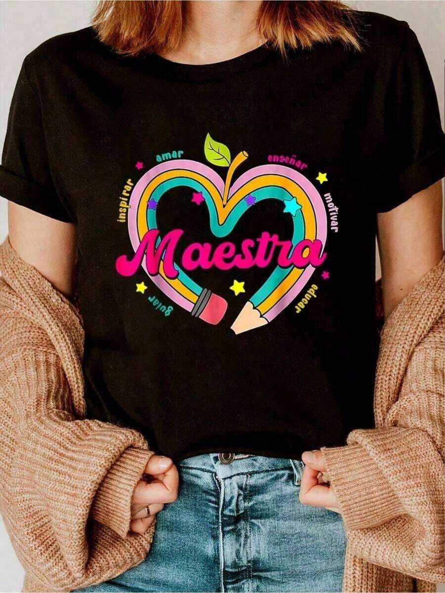 1 pieza de camiseta para profesora de español, bilingüe, con estampado de regreso a clases, cuello redondo, para verano, camiseta de manga corta suave para mujer, camiseta elegante y cómoda para mujer, camisetas con estampados, 210g, 100% algodón, todos los diseños están impresos.Unisexo. - Negro - Ver 1