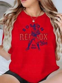 Camisetas Gráficas 1 pieza Camiseta con Estampado Gráfico de los Red Sox de Béisbol para Fanáticas de los Deportes, Camiseta Casual de Cuello Redondo para Mujer, Uso Diario, Suave y Cómoda, 100% Algodón. - Estilo - Ver 1