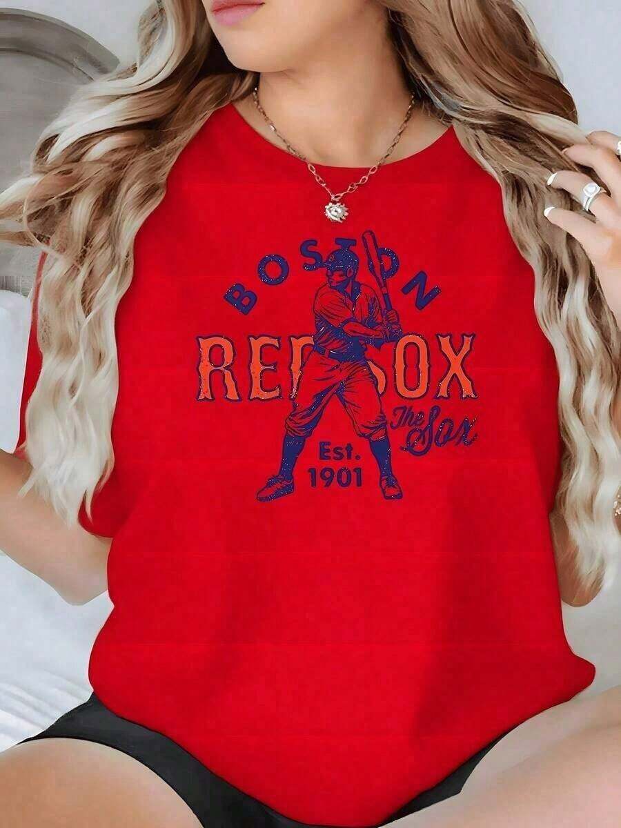 Camisetas Gráficas 1 pieza Camiseta con Estampado Gráfico de los Red Sox de Béisbol para Fanáticas de los Deportes, Camiseta Casual de Cuello Redondo para Mujer, Uso Diario, Suave y Cómoda, 100% Algodón. - Estilo - Ver 1