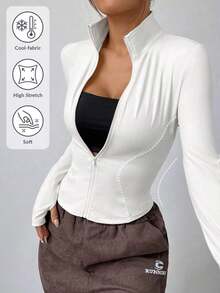 Chaqueta de manga larga de punto ajustada con protección solar para mujer en otoño/invierno, color albaricoque - Blanco - Ver 7