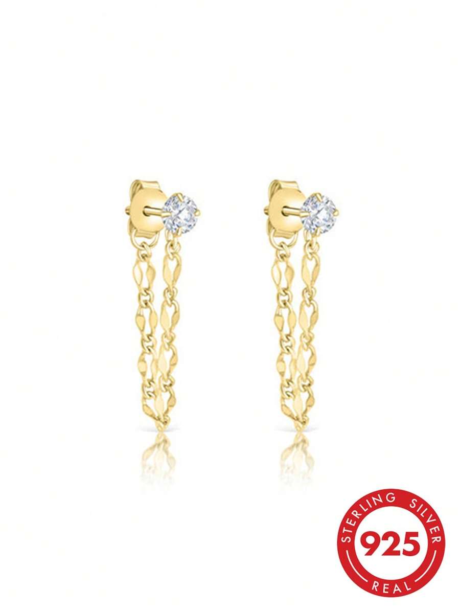 925纯银极简锆石流苏耳钉,优雅女士珠宝耳环 - Zircon Tassel Earrings - 查看 1
