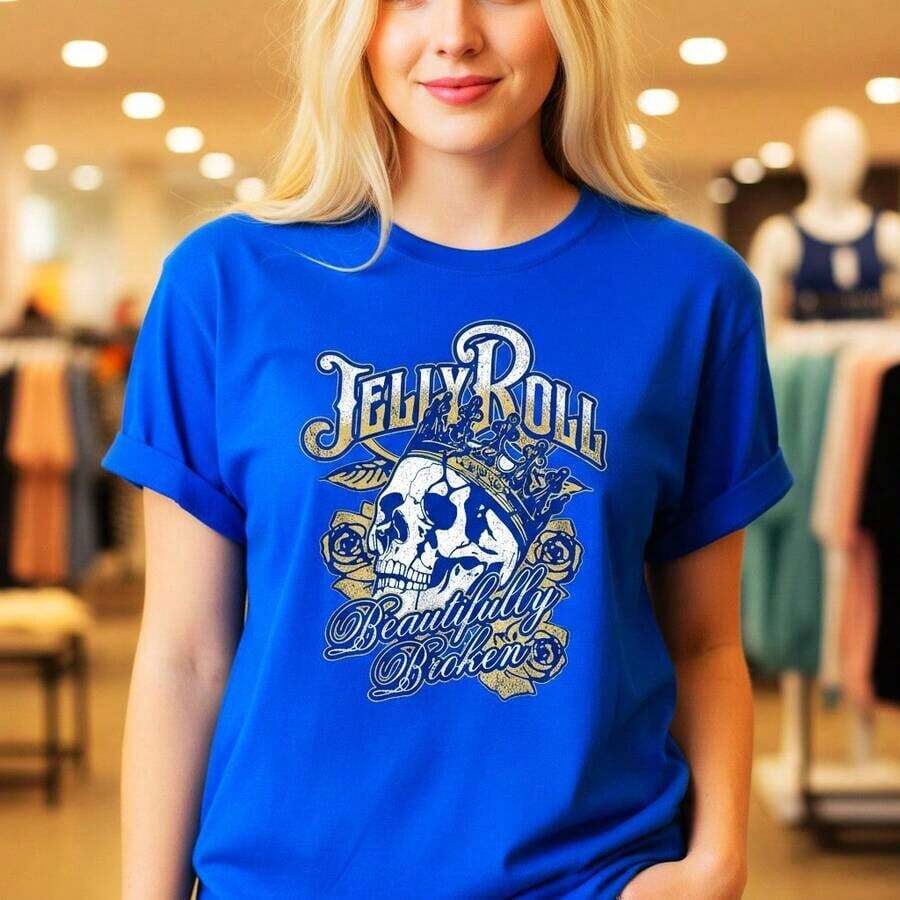Jelly Roll Women's "Beautifully Broken" Graphic Print Cotton T-Shirt, Short Sleeve, Round Neck, Casual Style, Vintage Skull And Rose Design, Music Inspired Fashion, Comfortable For Everyday Wear, Suitable For Spring, Summer And Autumn. - 藍色 - 查看 1