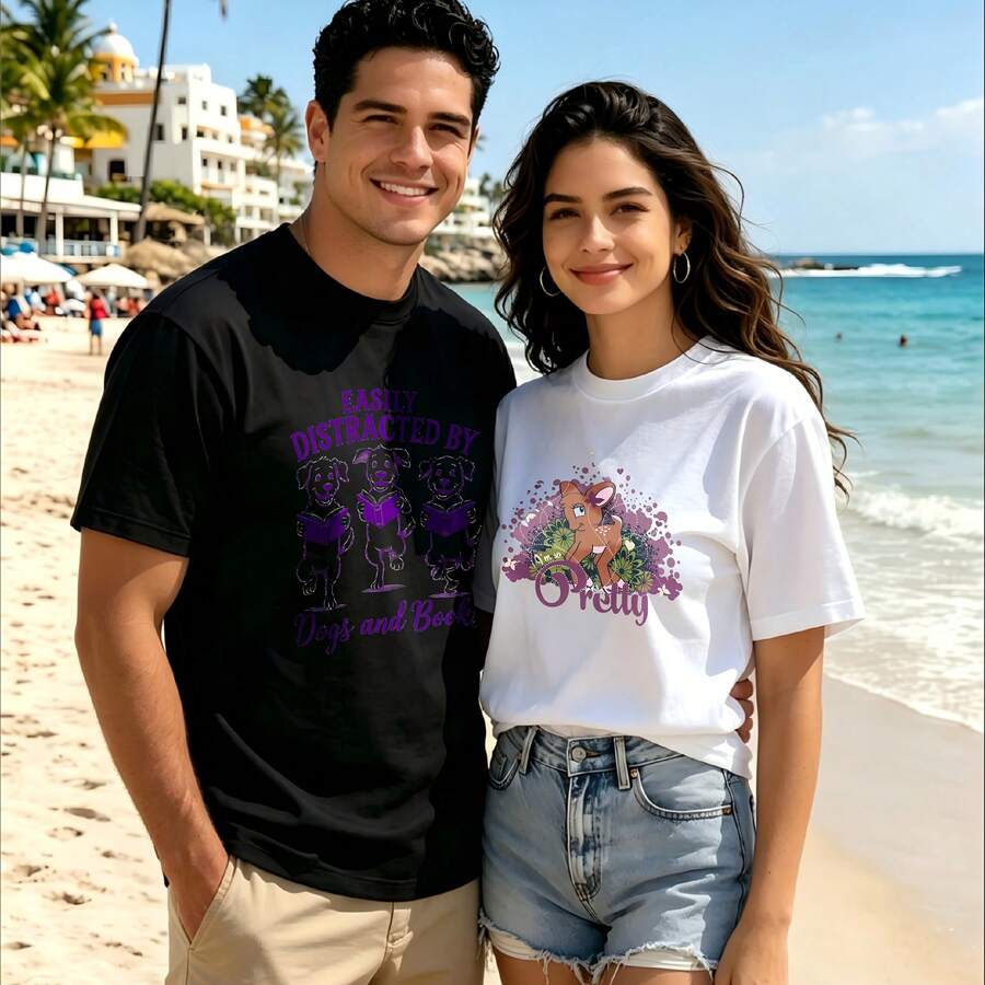 2-Piece Couple Matching Pattern T-Shirt, 100% Cotton, Loose Fit, Soft And Breathable, Casual Round Neck Short Sleeved Top Easily Distracted By Dogs And Books Cute Dog With Book And Flower Versatile Patterns No Picky Combinations Coordinated Dating Casual Travel Simple And Cartoonish Printing - 黑色 - 查看 1