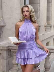 Vestido corto de mujer de satén rosa y gasa con cuello halter y espalda descubierta, falda corta de línea A con dobladillo de volante doble que expone la cintura, elegante conjunto de verano adecuado para conciertos, fiestas, citas románticas, ceremonias de graduación y otras ocasiones - Morado - Ver 12