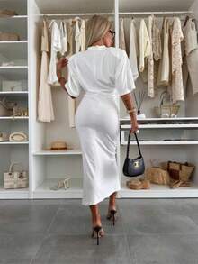 Vestido largo de verano femenino estilo europeo, diseño sensual con abertura y cordones ajustables - Blanco - Ver 2