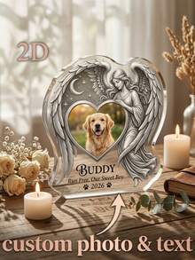 1pc Customizable Acrylic Angel Wings Pet Memorial Plaque, With Angel And Moon Pattern, Customizable Photo And Text, Designed For Vertical Display, A Warm Condolence Gift For Pet Lovers - Model 3 - View 2