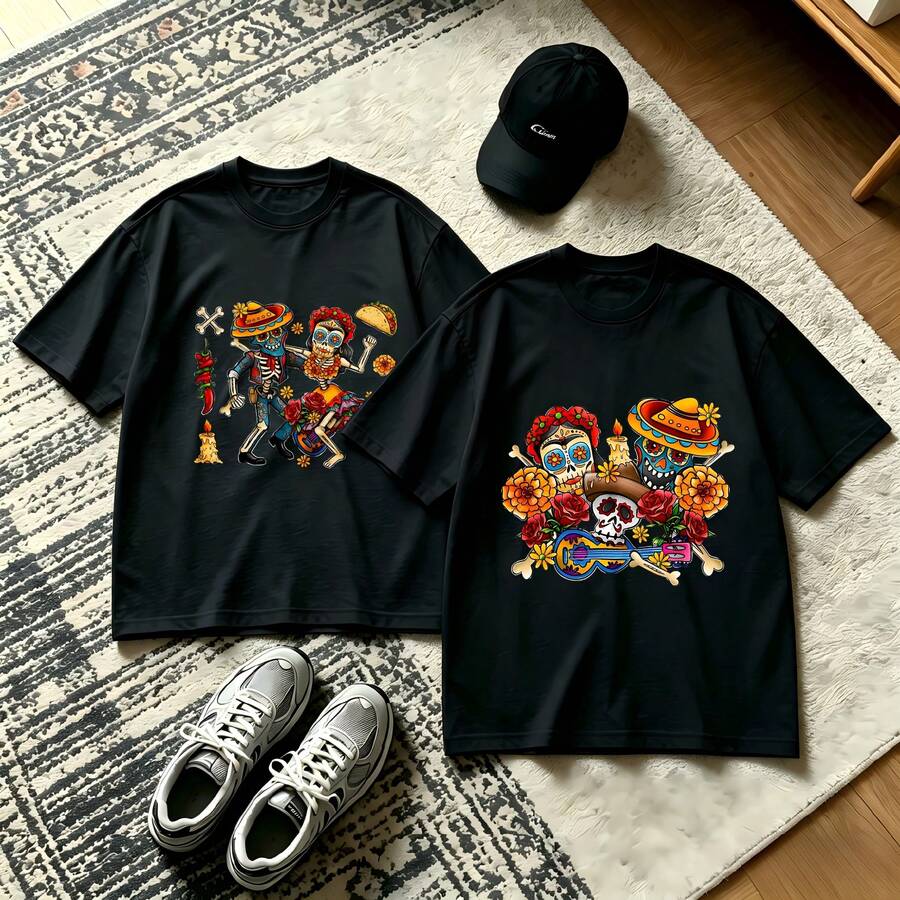2-Piece Couple Matching Pattern T-Shirt, 100% Cotton, Loose Fit, Soft And Breathable, Casual Round Neck Short Sleeved Top Mexican With Sombrero And Serape Versatile Patterns No Picky Combinations Coordinated Dating Casual Travel Simple And Cartoonish Printing Styles High Cost-Effectiveness - 黑色 - 查看 1