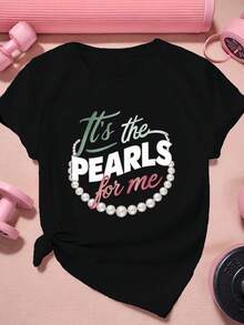 Camiseta de Tela Suave con Collar de Perlas, Camiseta Deportiva de Manga Corta para Mujer Talla Grande, Camiseta Duradera - Negro - Ver 8