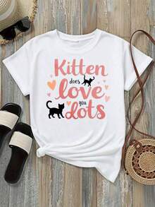 ComfortablePlayera algodón suave para mujerWomen's-Shirts Kitten Does Love You Lots%, BreathableEstampado de pequeños animales adorables |     Camiseta corta y holgada que adelgaza |     Alg - Blanco - Ver 3