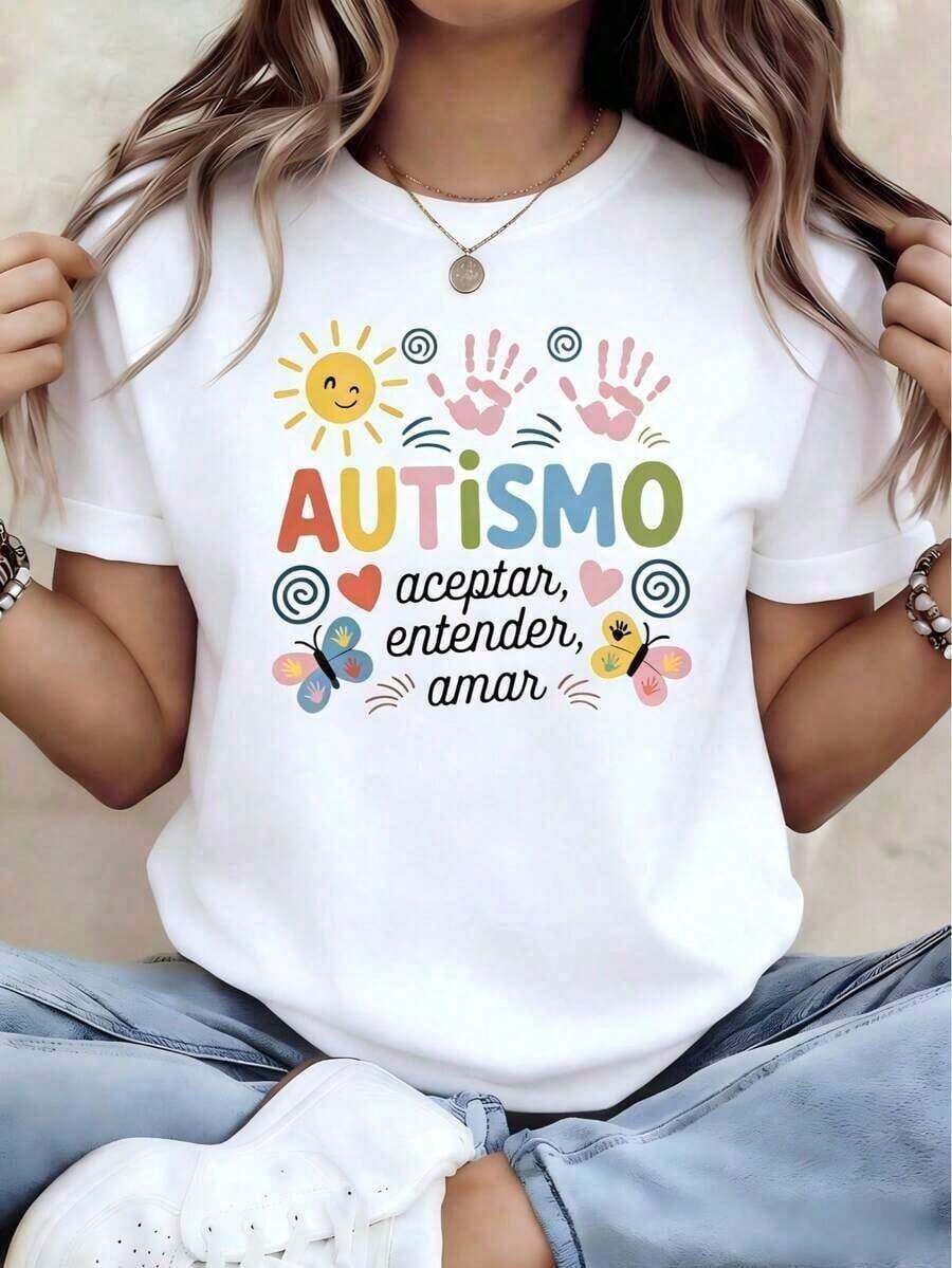 ComfortableCamiseta de algodón puro para mujer,Camiseta de algodón puro para mujer,Playera Negra Autismo "Aceptar, Entender, Amar" | Diseño Colorido con Manos y Sol | Ideal para la Concientización sobre el Autismo en México. Camiseta Holgada y Versátil de Manga Corta para Mujer. - Blanco - Ver 1
