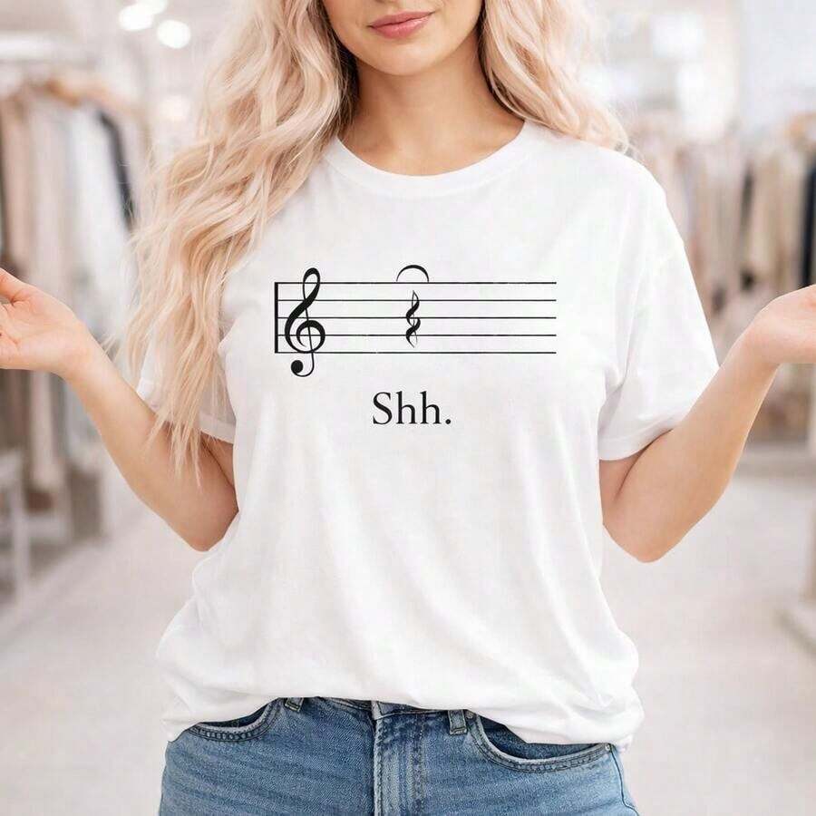Plus Size Cotton T-Shirt For Women, With Musical Note Print, Short Sleeve, Loose Fit, Casual Top, Round Neck, Basic T-Shirt, Sizes M-5XL, Soft And Breathable Fabric, Shh Graphic Print T-Shirt For Curvy Ladies, Suitable For Spring, Summer And Autumn. - 白色 - 查看 1